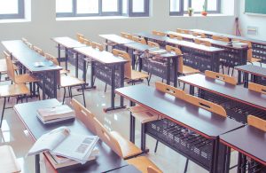 A classroom with textbooks.