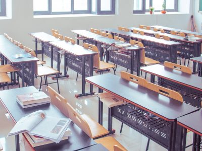 A classroom with textbooks.