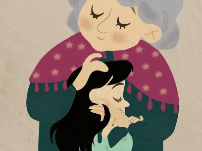 An illustration of a grandmother hugging her granddaughter.