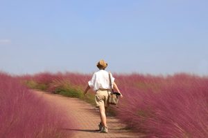 A woman going on a nature walk.