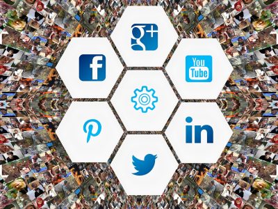 A honeycomb pattern with social media icons with a background collage of photographs.