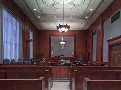 An empty law courtroom.