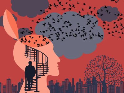 An illustration of a person walking up the stairs towards a human head.