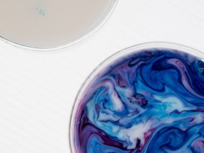Two petri dishes, one of which has dots of blue, the other has artistically swirled blue and purple design.