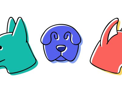 Illustration of 3 dogs, in different colours (green, blue, orange). The dog in the middle is facing the front while the ones on the outside are facing away from each other.