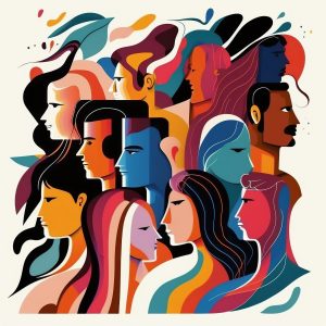 Colourful abstract illustration of a diverse group of people shown in overlapping profiles, with varied skin tones, hairstyles and clothing against a light background.