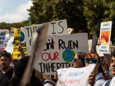 Climate protest with many signs