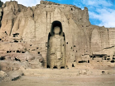 The first Bamiyan Buddha as carved into the Bamiyan Cliff, standing at 55m.