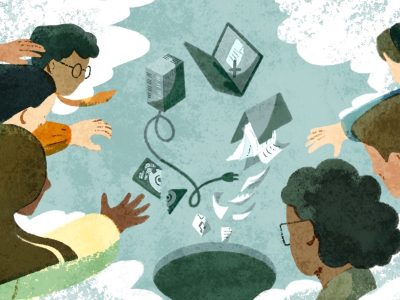 Various internet files and digital assets cascading into the abyss below as a diverse group of people surrounded by clouds reaches out.