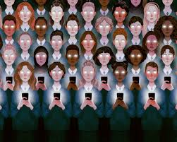A group of uniformed students stand closely together, their glowing eyes fixed on smartphones. The eerie lighting and vacant expressions suggest themes of digital dependence and conformity.