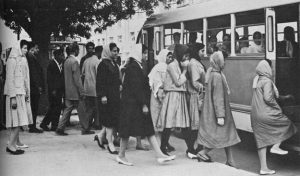 Women boarding a bus in late 1950s/early 1960s Kabul