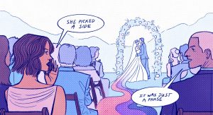 Illustration of a heterosexual wedding, with wedding guests whispering, "she picked a side," and "it was just a phase."