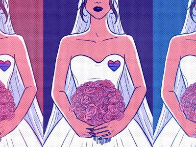 Bride wearing a heart-shaped bi flag and nails painted bi pride flag colours