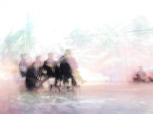 Blurred and over-exposed photo of people sitting