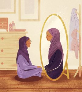 Girl in a purple hijab looks at her reflection who is an older version of herself