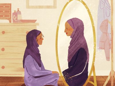 Girl in a purple hijab looks at her reflection who is an older version of herself