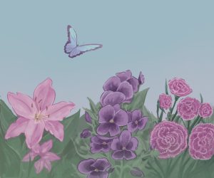 Illustration of a butterfly floating across a field of pink and purple flowers.