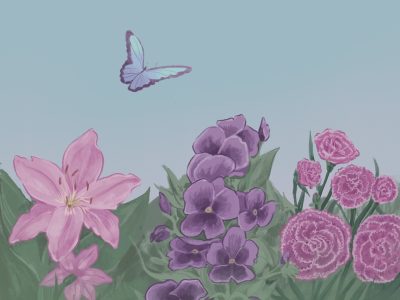 Illustration of a butterfly floating across a field of pink and purple flowers.