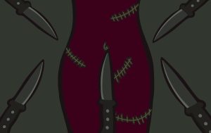 Illustration of a woman's stitched up body surrounded by knives