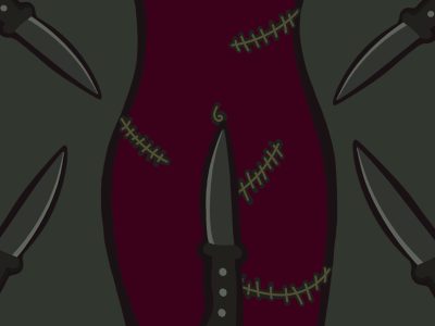 Illustration of a woman's stitched up body surrounded by knives