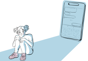 Illustration of a glum-looking girl sitting in the shadow or screen-light of a looming phone, propped up behind her.