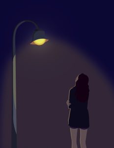 Illustration of a girl staring up at a streetlamp.