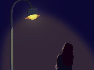 Illustration of a girl staring up at a streetlamp.