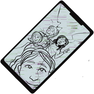 Illustration of a phone screen showing a selfie of four girls.