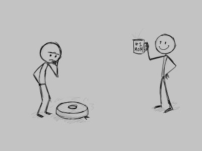 A pair of men standing over a roomba. One looking at it, contemplating, and the other raising a toast with a pink mug that says #1 mom.