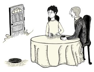 Illustration of two men sitting at a table in a blank room, staring at a roomba