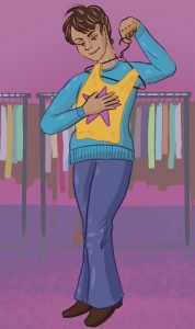 Illustration of a woman holding up a tank top on a hanger.