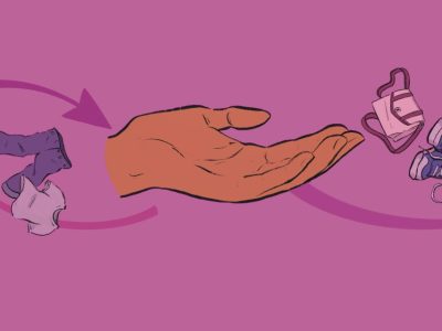 Illustration of three open-palmed hands with curved arrows and clothing connecting them.