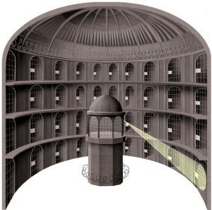 Plan of Jeremy Bentham's panopticon prison, with a central guard tower and cells surrounding it. 