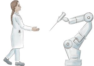 Doctor introducing herself to a surgical robot