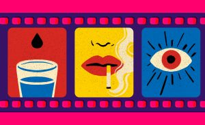 Illustration of a film strip featuring a water glass, woman's mouth smoking a cigarette, and an panoptic eye.