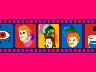 Illustration of a film strip with portraits of Willem Dafoe, Emma Stone, and Jesse Plemons.