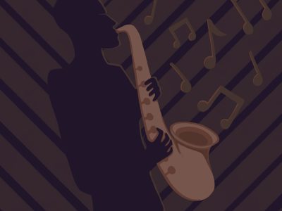 Illustration of a man's silhouette playing the saxophone.
