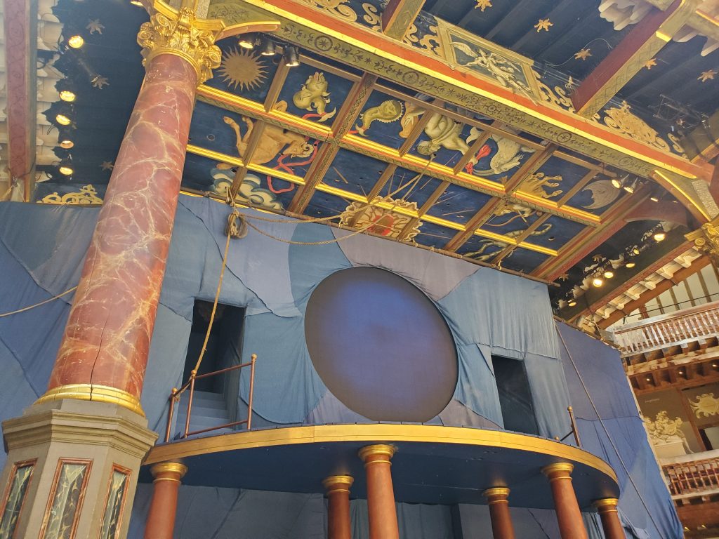 Interior photo of the Globe Theatre for the 2024 production of Antony and Cleopatra.