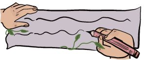 Illustration of hands writing on paper surrounded by green vines.