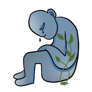 Blue, crying figure sits wilted beside a small green plant.