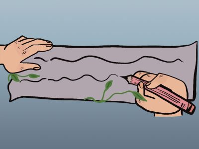 Illustration of hands writing on paper surrounded by green vines.