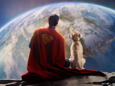 David Cornswet as Superman, sitting on the moon with his dog Krypto and looking at the earth