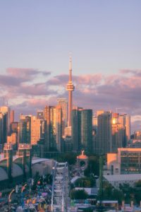Photo of the CN tower skyline in Toronto at sunset.