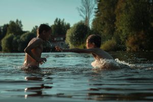 Two kids playing in a lake