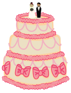 Illustration of a wedding cake decorated with pink bows and bride and groom cake toppers.