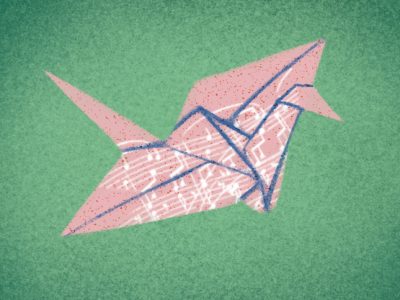 Illustration of an origami crane made of sheet music