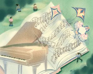Illustration of a grand piano atop a book of sheet music which drifts off the page, forming the strings and tails of three colourful kites.
