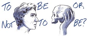 Illustration of Hamlet holding the skull of Yorick with "to be or not to be?" written around them.