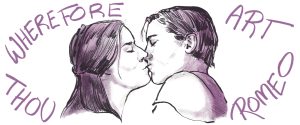 Illustration of Romeo and Juliet sharing a kiss with "wherefore art thou Romeo" written around them.
