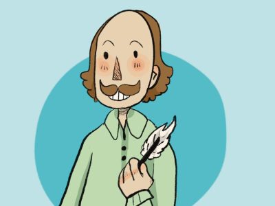 Illustration of William Shakespeare holding a quill and a book.